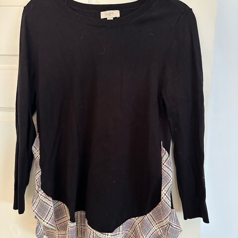 Loft Black Long Sleeve Top with Plaid Hem, size medium